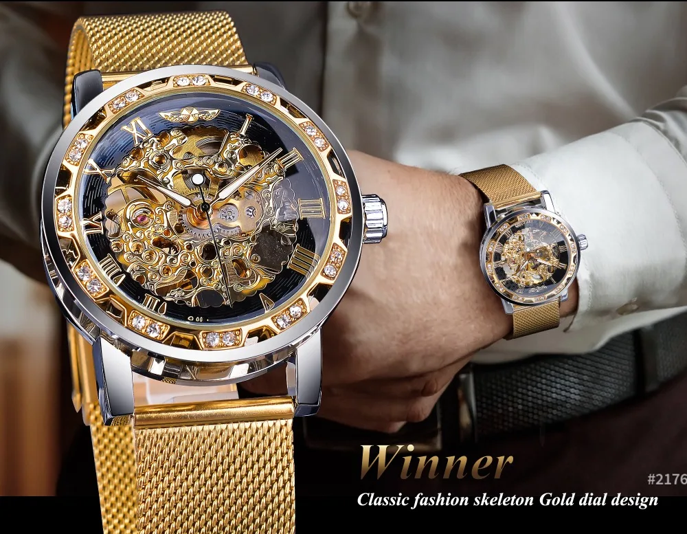 Winner Top Brand Golden Watches Men Skeleton Mechanical Watch Crystal Mesh Slim Stainless Steel Band Luxury Hand Wind Wristwatch