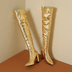 Winter Plus Size 43 Sexy Thigh High Boots Long Over Knee Gold Silver Block High Heel Boot Womens Shoes Pointed Toe