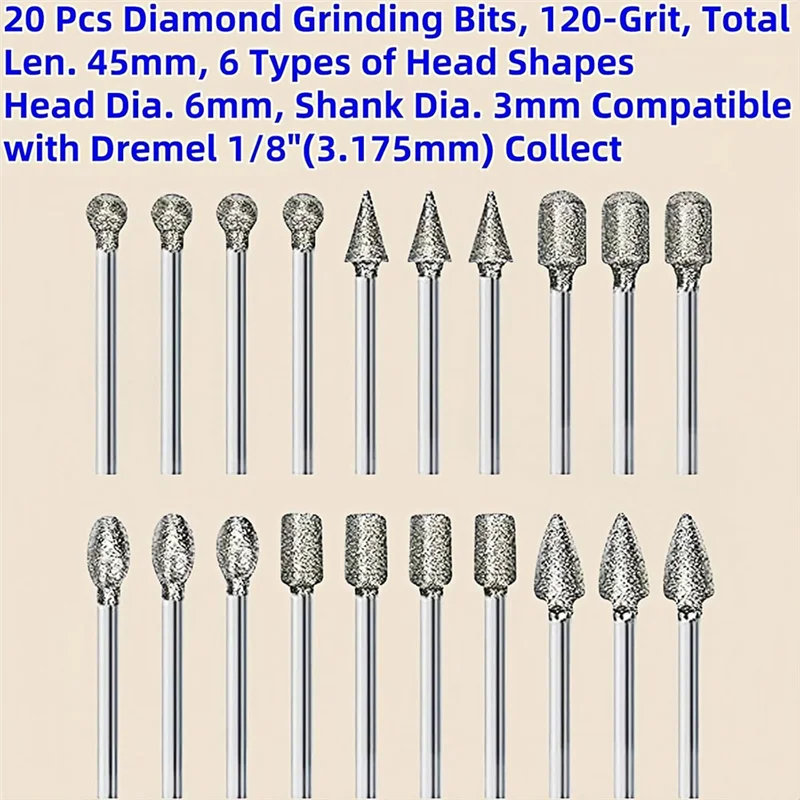 B84B-Diamond Coated 20Pcs Grinding Bits(120 Grit, 1/8" Shank), Rotary Burr Set-Fits Most Rotary Tools, For Jewelry Making