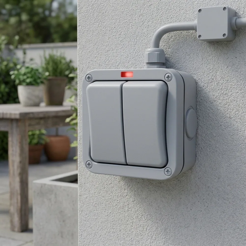 Waterproof Outdoor Light Switch IP66 with Visual Indicator Light for Garden Pool Fence Use 90x90mm Gray ABS 20A 250V
