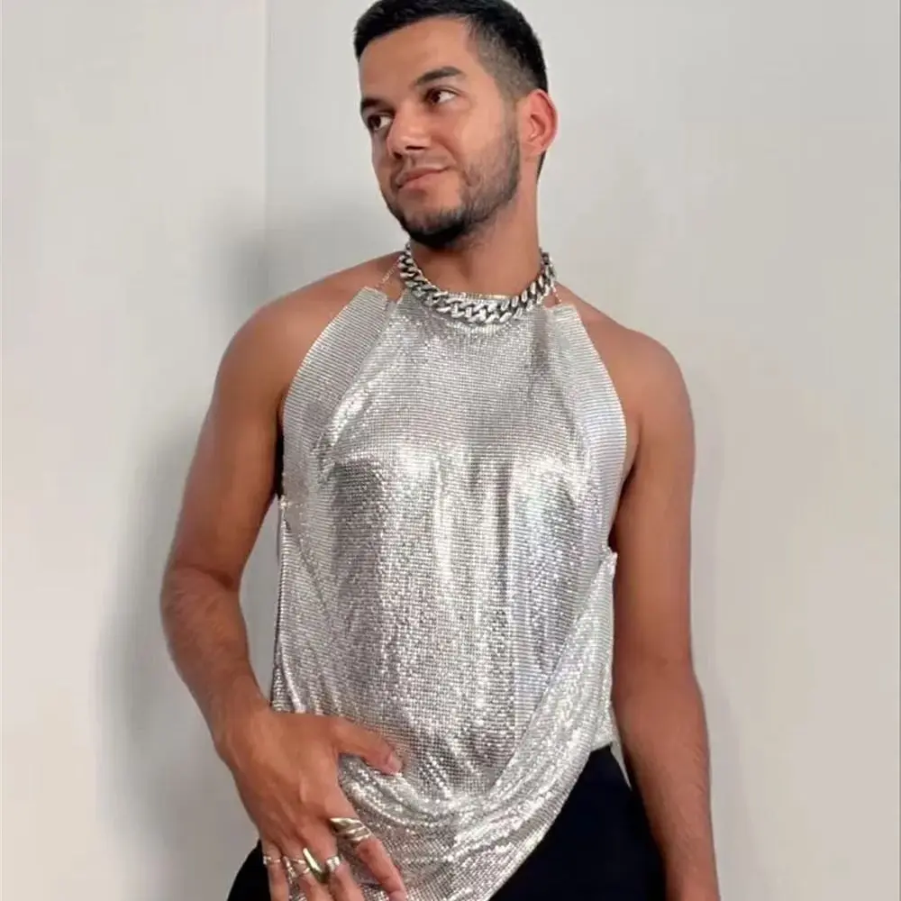 

European & American Style Silver Sequined Men's Vest Nightclub Sexy Cutout Backless Halter Neck Party Metal Men's Top