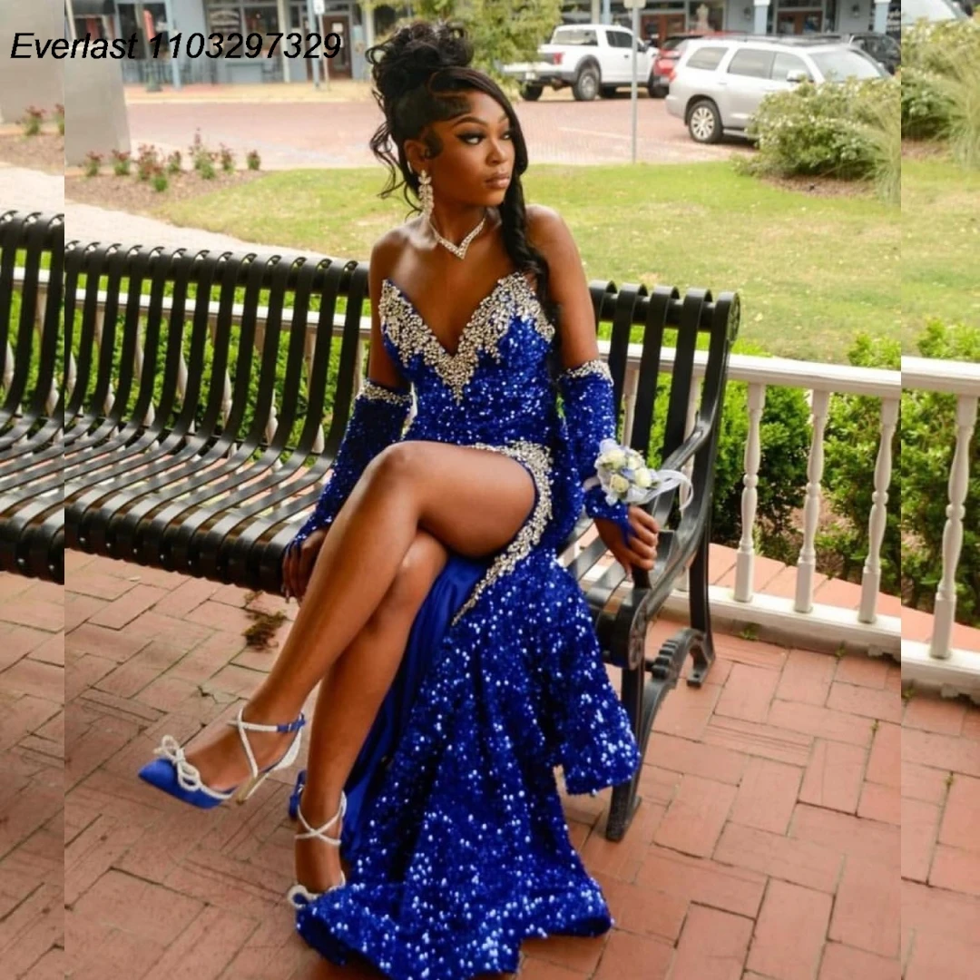 EVLAST Customized Royal Blue Sequins Mermaid Prom Dress For Black Girls High Slit Silver Diamonds Beaded Party Gown TPD92