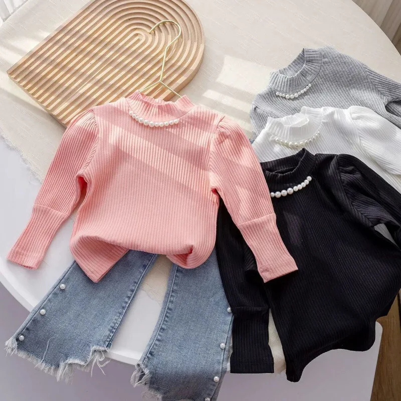

2025 Girls' Spring Autumn Bottoming Shirts Long Sleeve Round Neck T-Shirt Pure Color Knitted Tops Princess Style Children Style