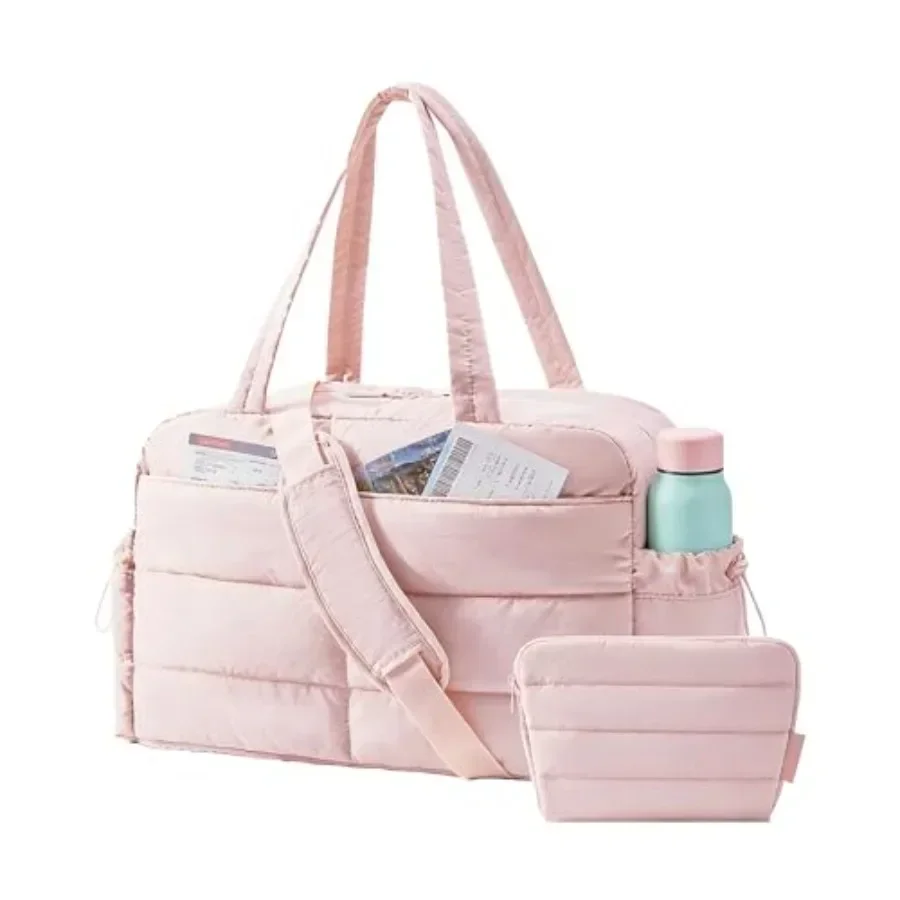 

Gym Bag for Women, Lightweight Puffer Duffle Bag 2-PC Travel Bag, 31L Weekender Overnight Bag Quilted Carry On Tote Bag, Diaper