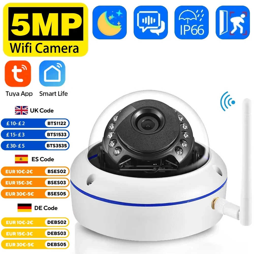 

Уличная IP66 Tuya умная домашняя IP-камера WIFI SD-карта аудиозапись водонепроницаемая 5-мегапиксельная беспроводная купольная камера видеонаблюдения Smart Life APP P2P