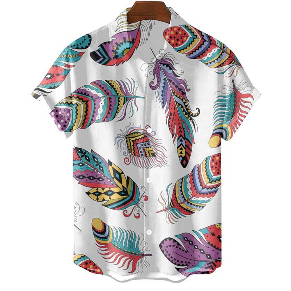 Fashion Original Men\'s Shirt Hawaii Casual Men Shirt Slim Fit Short Sleeve Tops Oversized Simple Feather Print Camisa MasculinaA