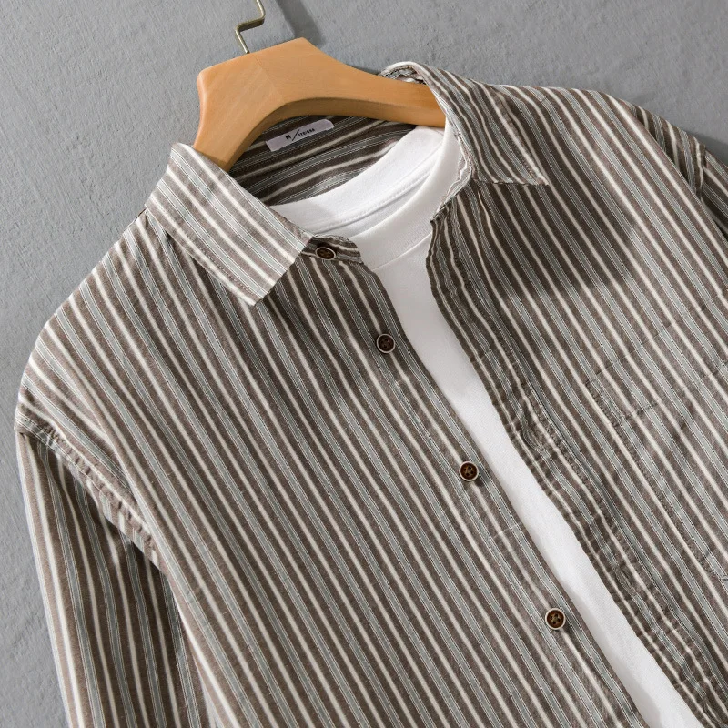

Японская винтажная полосатая рубашка с длинным рукавом, мужские осенние новые мужские рубашки, повседневные рубашки из чистого хлопка с лацканами и карманами, повседневная одежда
