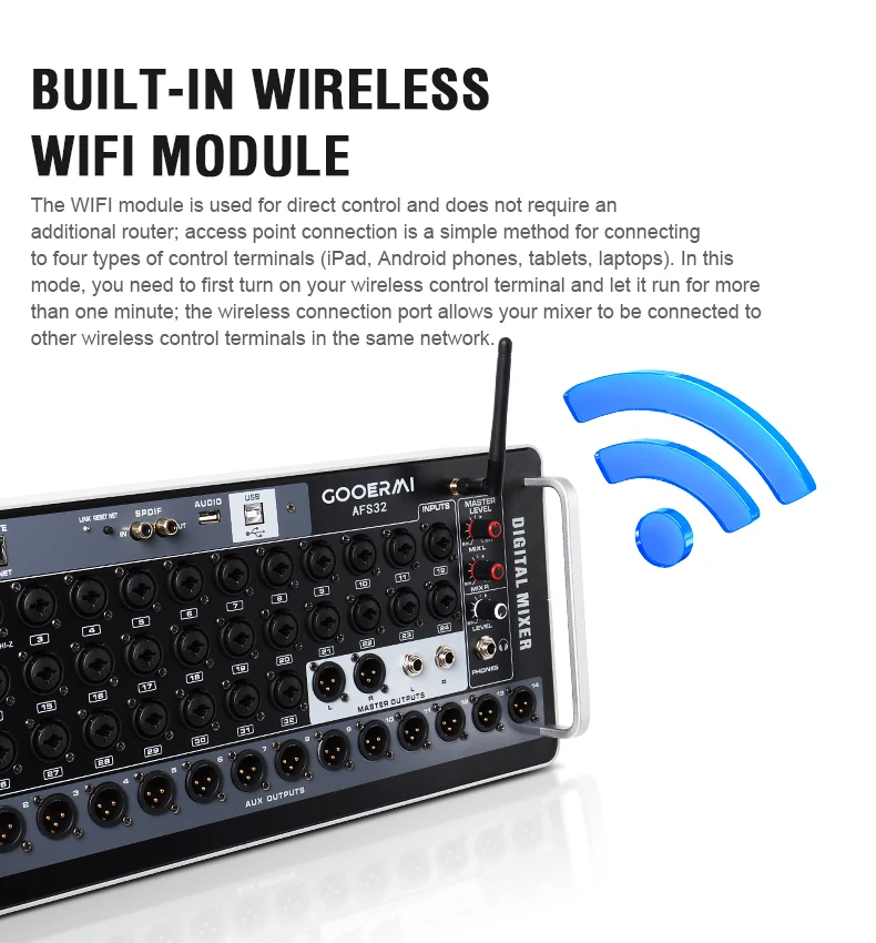 AFS32CH Rackmount Digital Music Console Mixer Stage Performance 5-Band EQ Singing Tool mit WIFI-Verbindung Langlebiges Metall