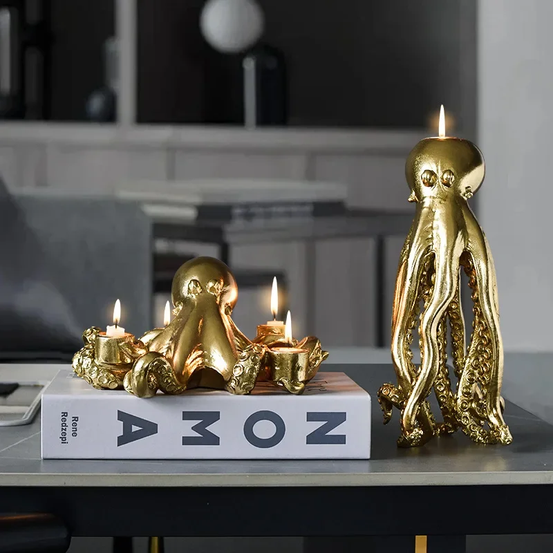 Resin Candle Holder Candelabrum Candle Holder Golden Octopus Sculpture Octopus Candlestick Cuttlefish Squid Home Decoration
