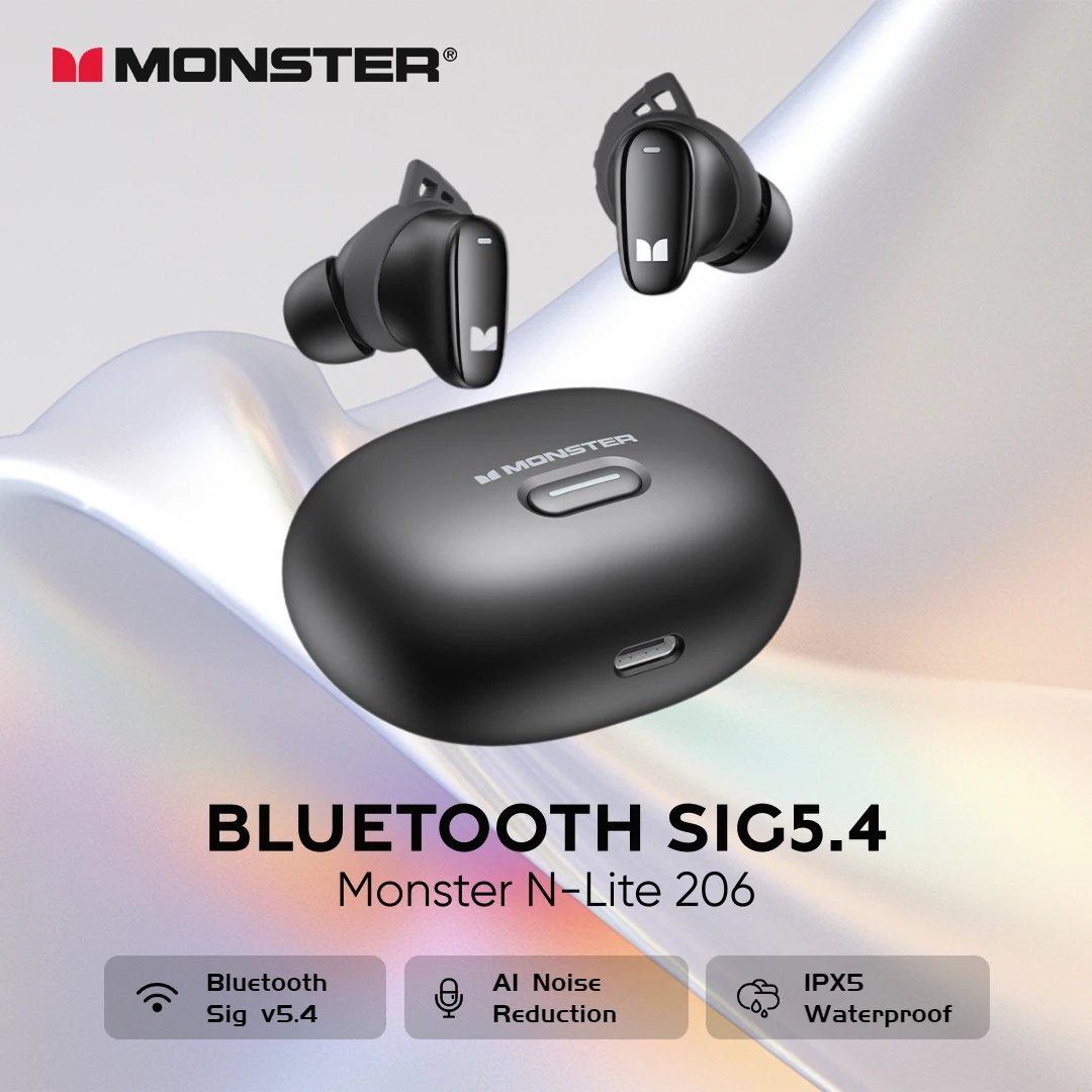 Monster n-lite-auriculares inalámbricos 206 Ture, intrauditivos, invisibles, con Bluetooth, cancelación de ruido IA, IPX5, deportivos, con micrófono