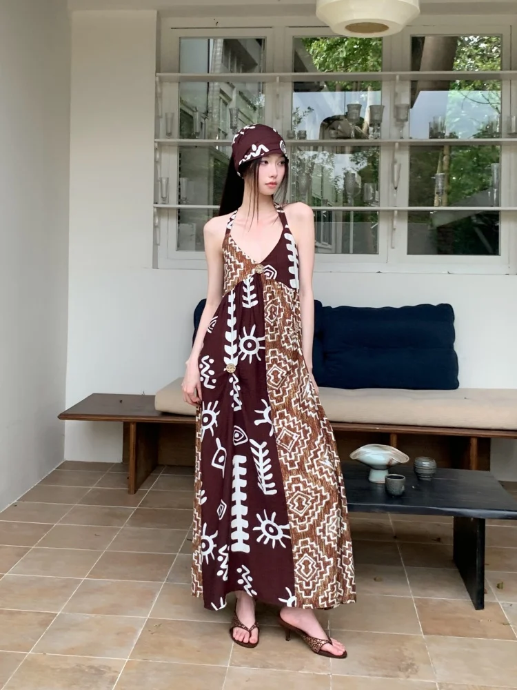 CHEERART Boho Tribal Patchwork Marrone Abito lungo per donna 2025 Estate Backless Scollo a V Una linea Halter Maxi Dress Abiti da vacanza