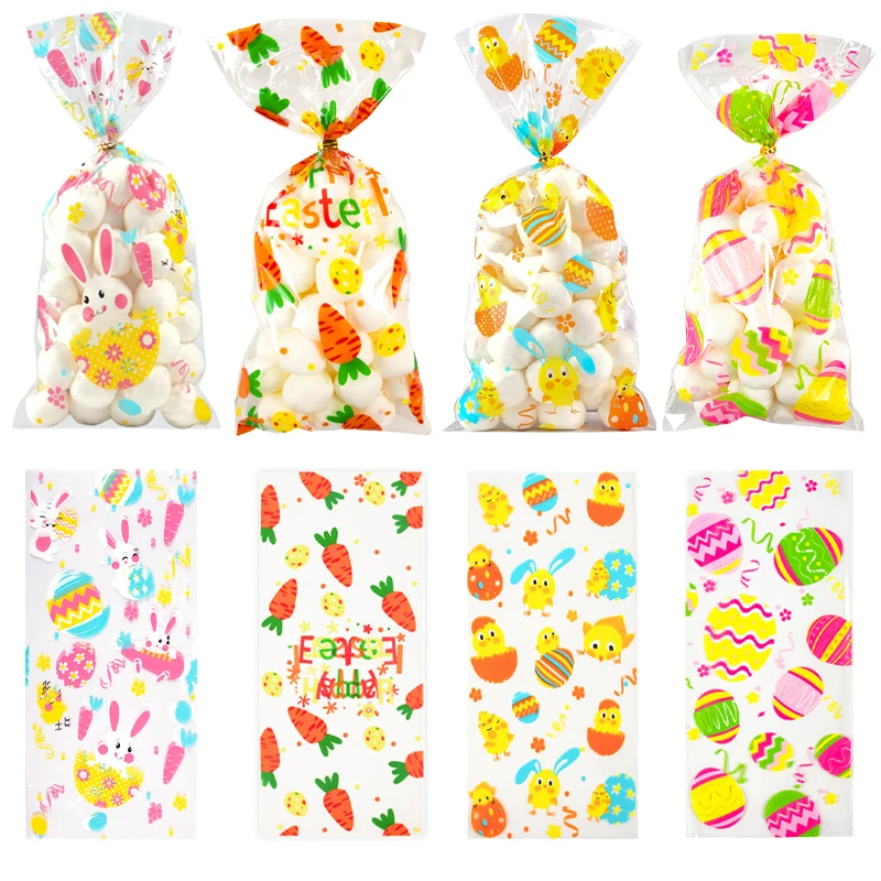 10opcs Easter Cellophane Bags Gift Bags Bunny Egg Chick Carrot Pattern Cookies Biscuit Packaging Bag for Kids Easter Party Favor