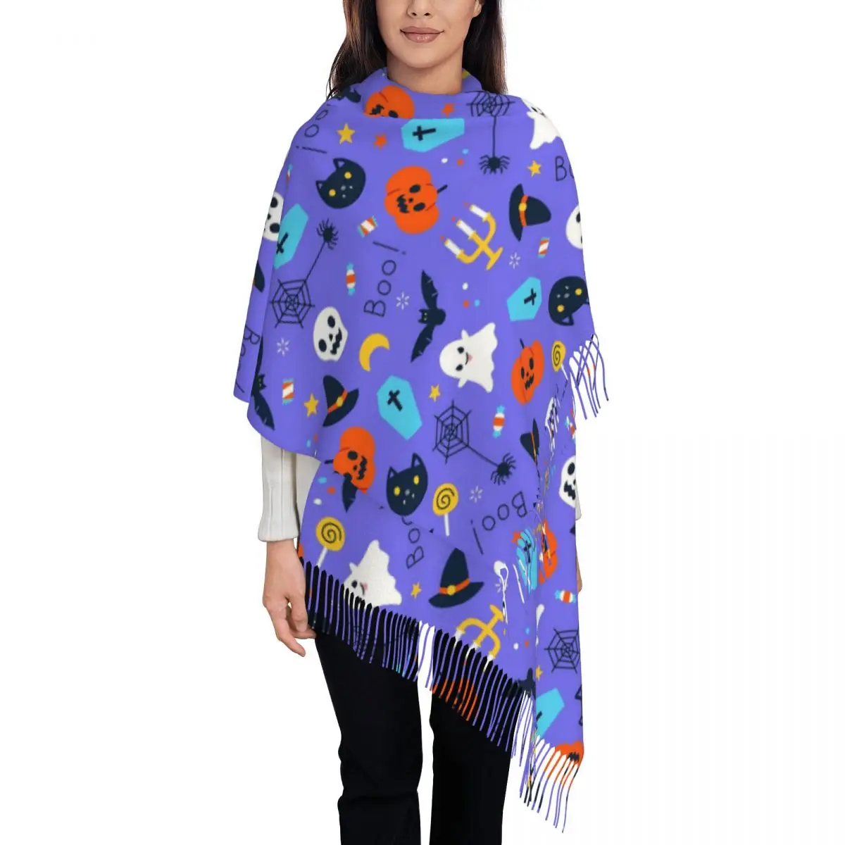 Womens Scarf with Tassel Halloween Bats Pumkin Skull Single-sided Pattern Winter Warm Shawl Wrap Daily Wear Cashmere Scarf