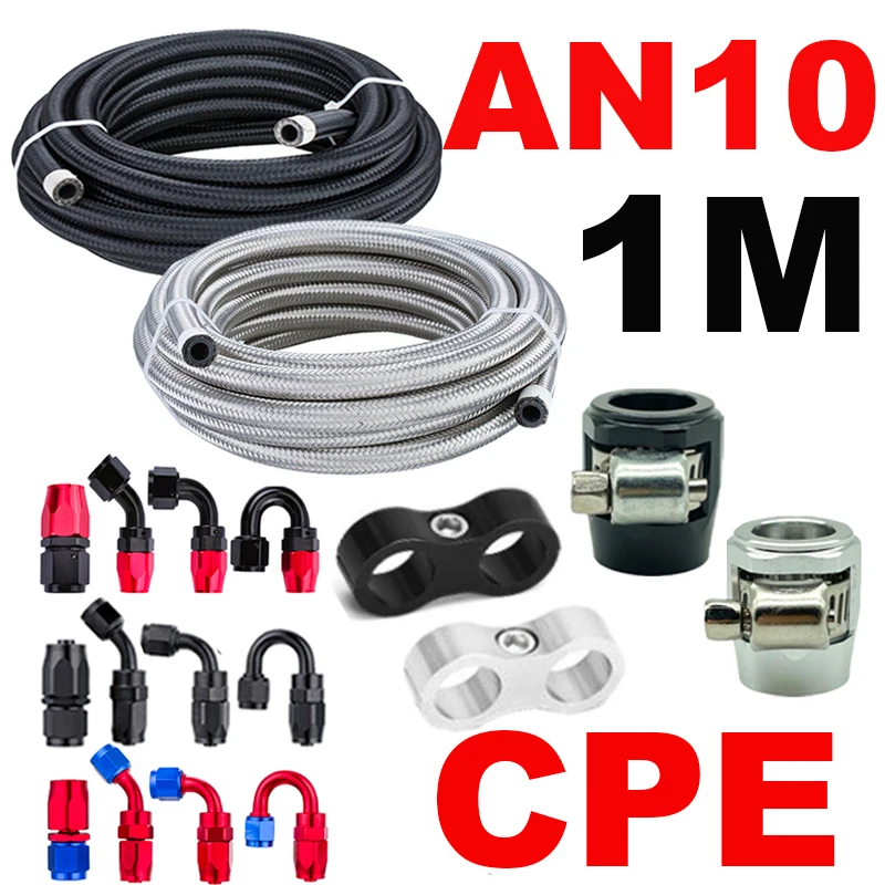 1M/3.28FT AN10 10AN Fuel Hose Oil Gas Cooler Hose Line Pipe Tube Nylon Stainless Steel Braided CPE Rubber Hose End Fitting Clamp