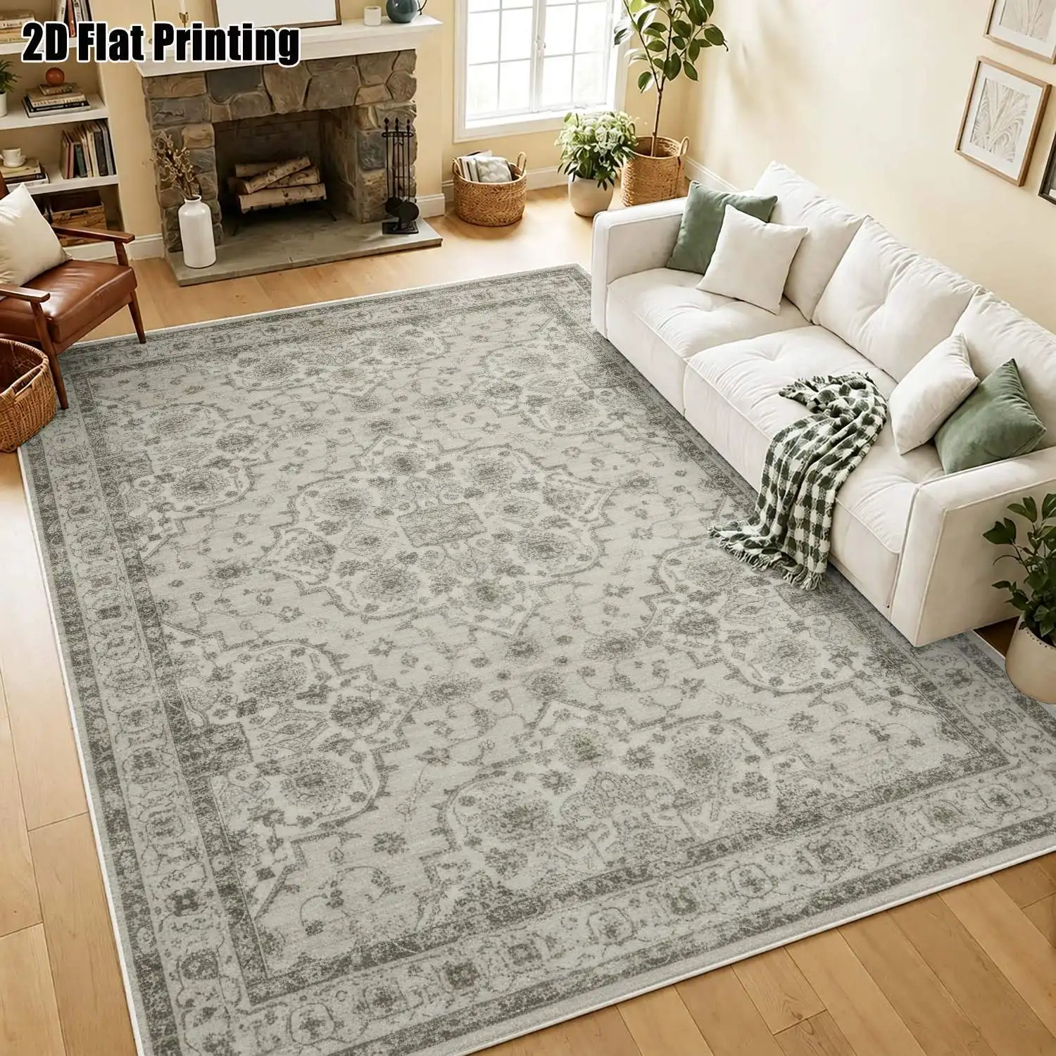 1Pc 2D Printed Retro Beige Floral Geometric Velvet Carpet, Multi-Size Washable Home Decor for Entrance, Living Room, Bedroom, Dining Room