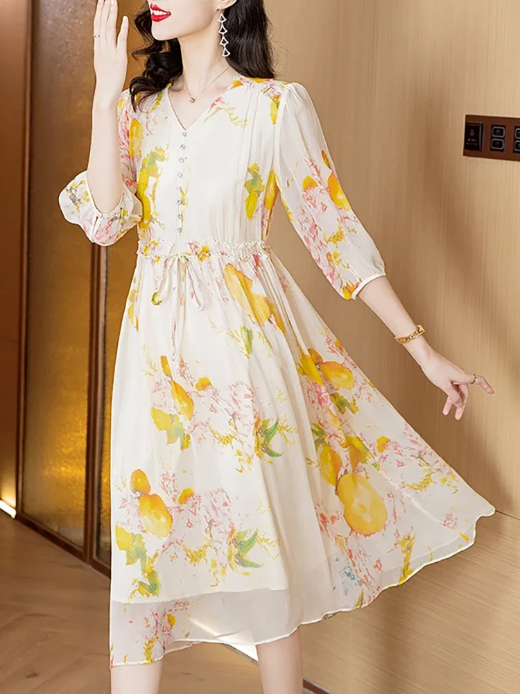 비치 스타일 꽃 실크 붕대 여성을위한 캐주얼 롱 드레스 여름 우아한 느슨한 휴일 드레스 2025 한국어 패션 이브닝 드레스