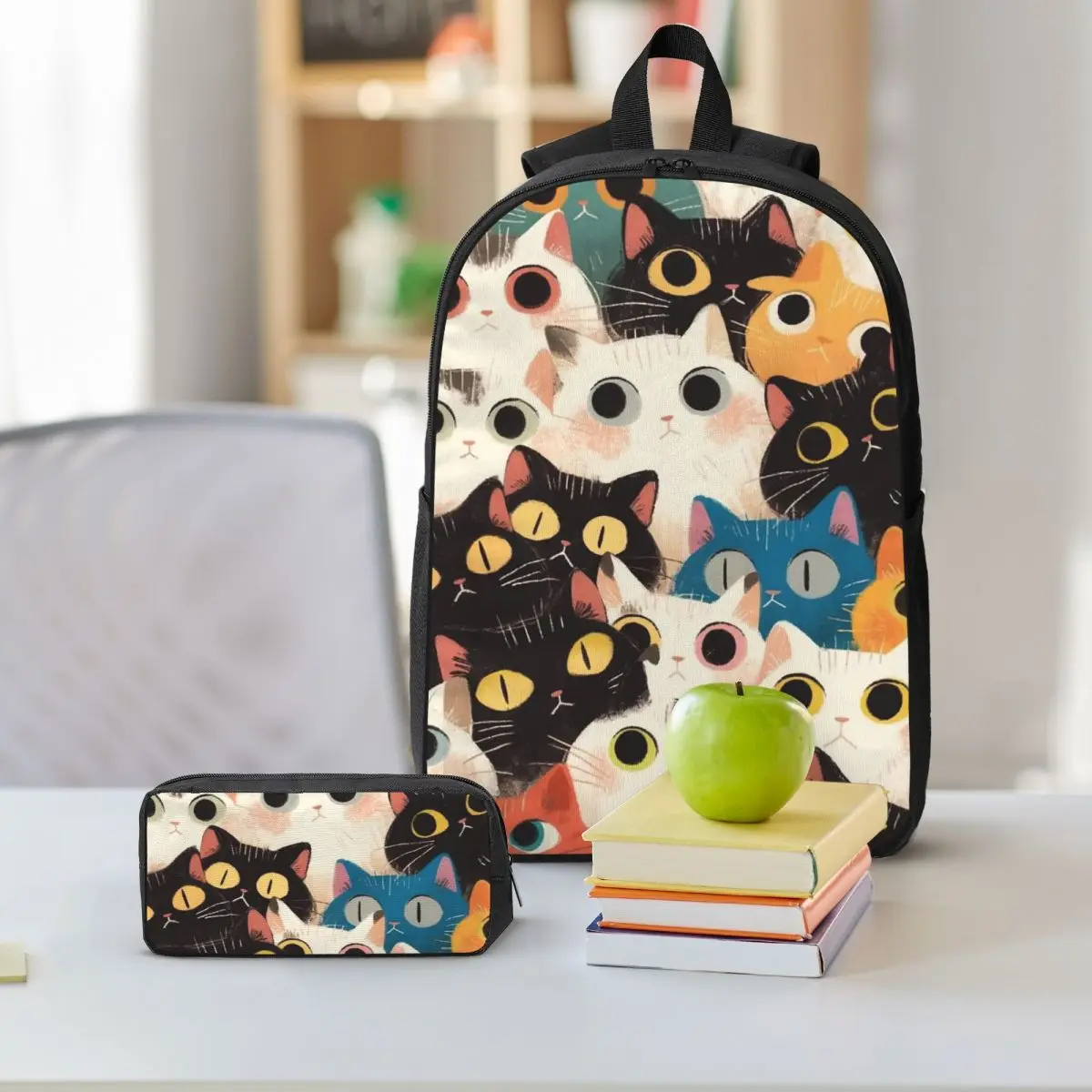 Cartoon Cat Kitten Pattern Backpack Boys Girls BookBag School Bag Shoulder Bags 3ps Insulated Lunch Bag Pencil Case