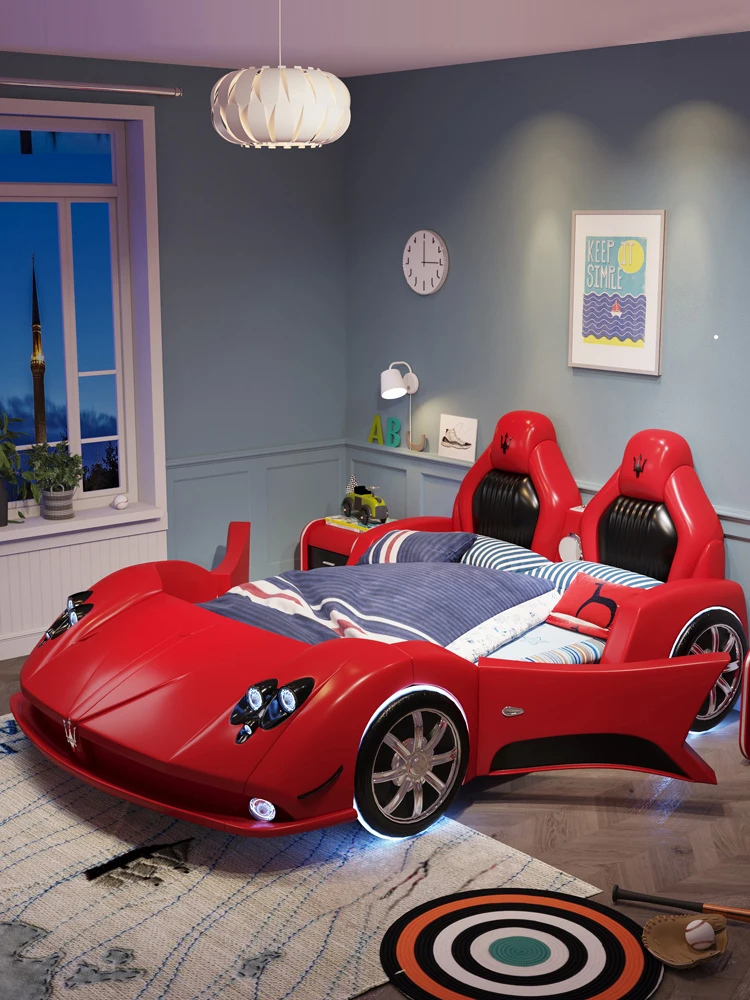 Kids bed boy open door creative car bed with guardrail simple modern sports car bed cartoon bed white stock