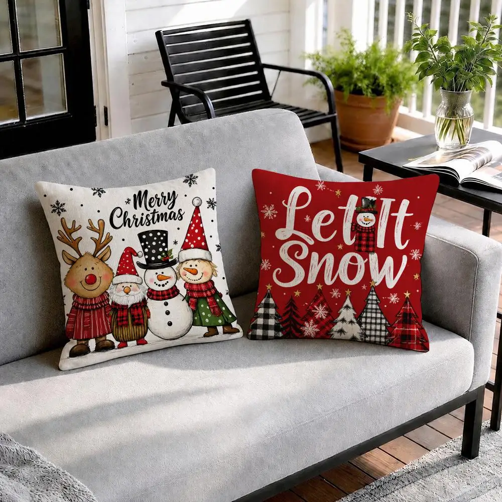 Merry Christmas Quote Cushion Cover Natural Linen Organic Fabric Double-Sided Printing Sofa Home Decor Gift Pillow Cover