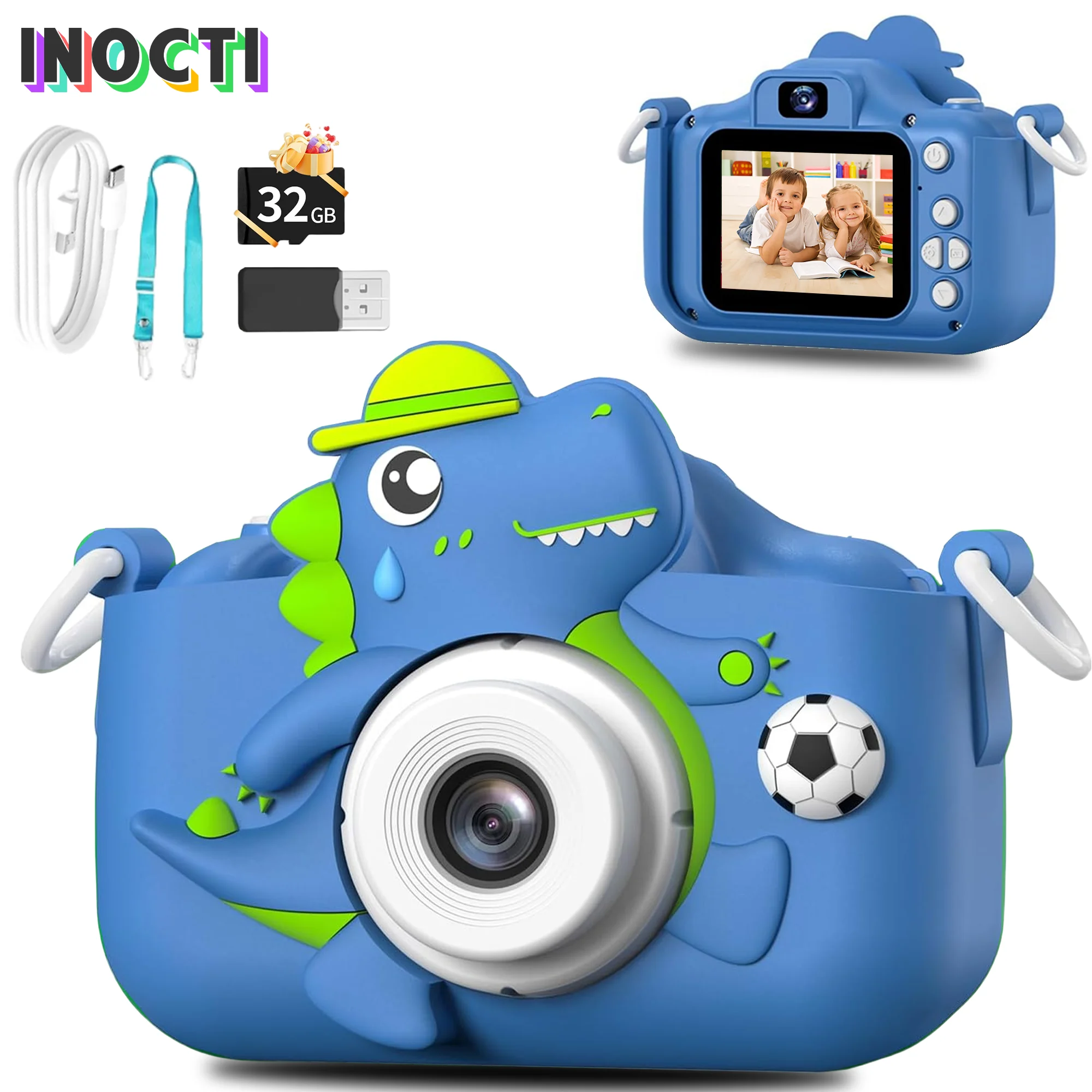 

Kids Digital Camera with 32G Card Toy Girl Boy 1080p Hd Screen Cartoon Dinosaur Camera Photography Video Birthday Gifts Christma