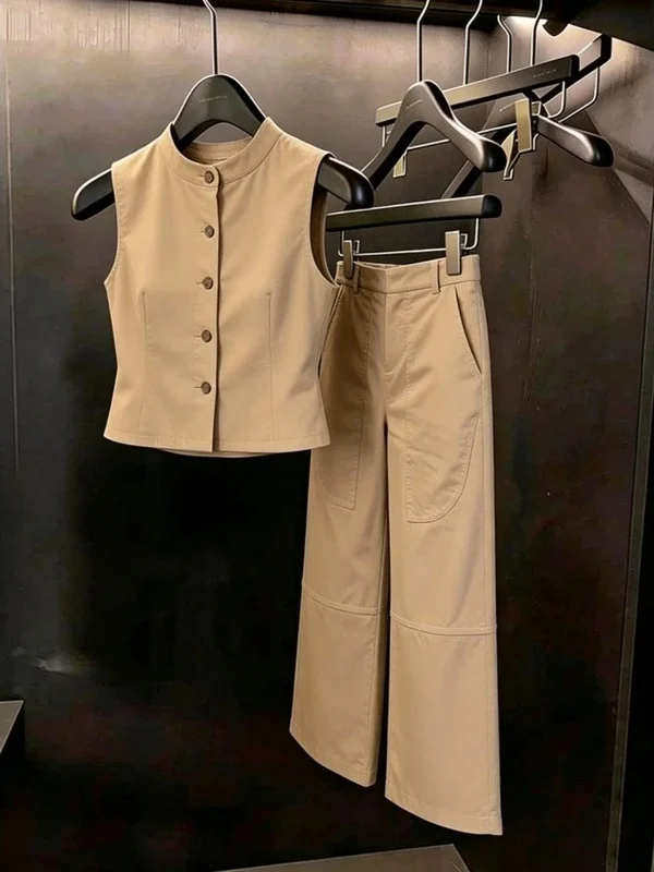 Kaki Color Button up Vest And Straight Leg Pants Set High Quality Summer Fashion Women's Korean Style Breathable Casual Outfit