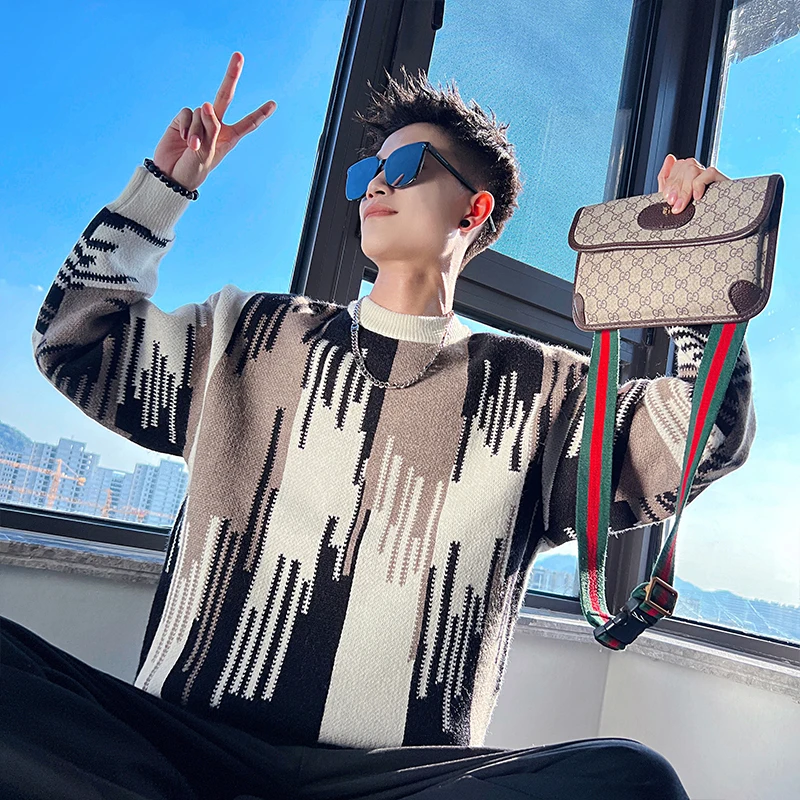 

Мужской утепленный вязаный свитер с круглым вырезом, зимний, модный, повседневный, свободного кроя, с длинными рукавами, из полиэстера, акрила, нейлона