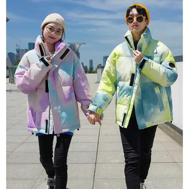 Tie Dye Cotton Puffer Parkas para Casais, Sobretudo acolchoado grosso e quente, Jaqueta térmica à prova de vento, Casacos, Moda