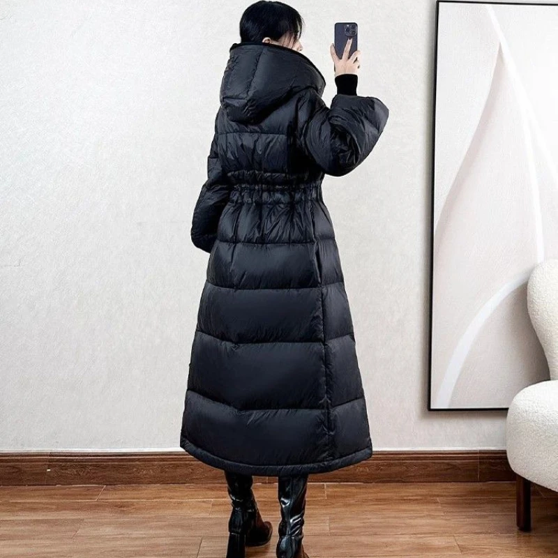 겨울 신상 우아한 스카프 칼라 다운 코트 여성 허리 벨트 디자인 감각 두꺼운 패션 따뜻한 울트라 롱 파카 재킷