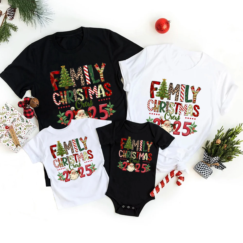 Christmas Day Set Family Christmas Crew 2025 Print Matching Outfits Short Sleeve Family Tees Shirt Outfit Holiday Casual Clothes