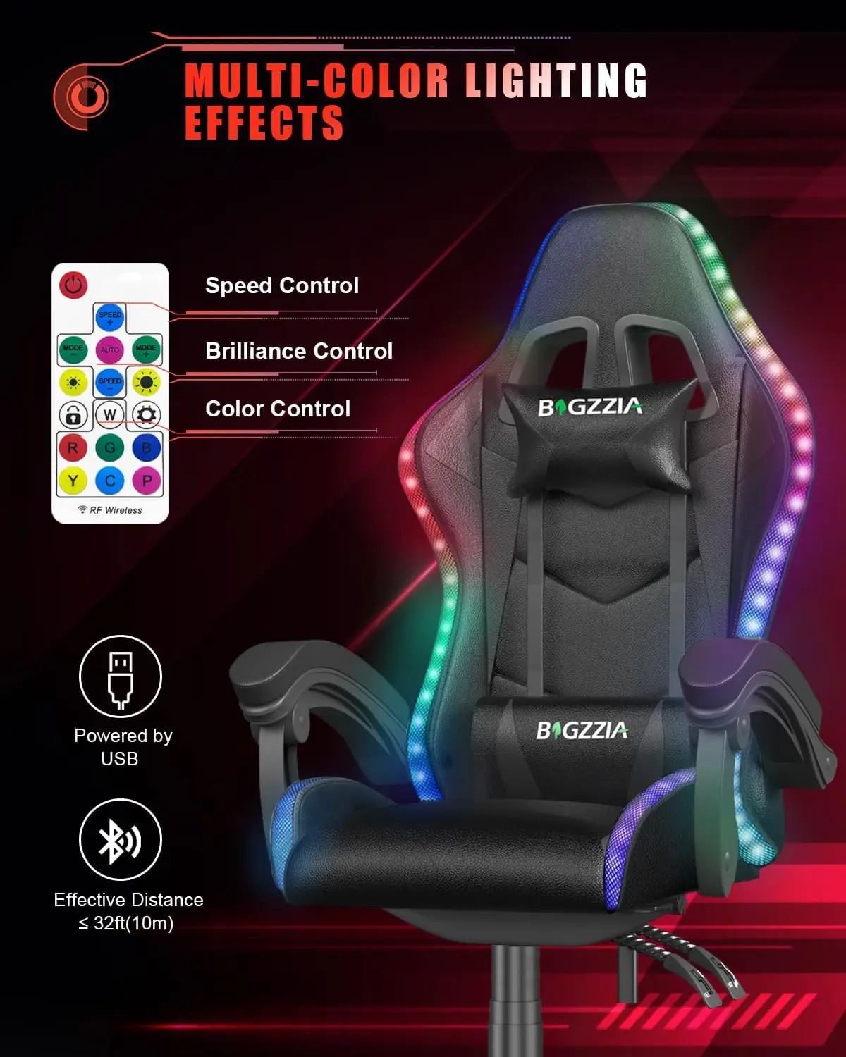 Gaming-Stuhl mit RGB-LED-Leuchten, ergonomischer Computer-Gamer-Stuhl mit hoher Rückenlehne
