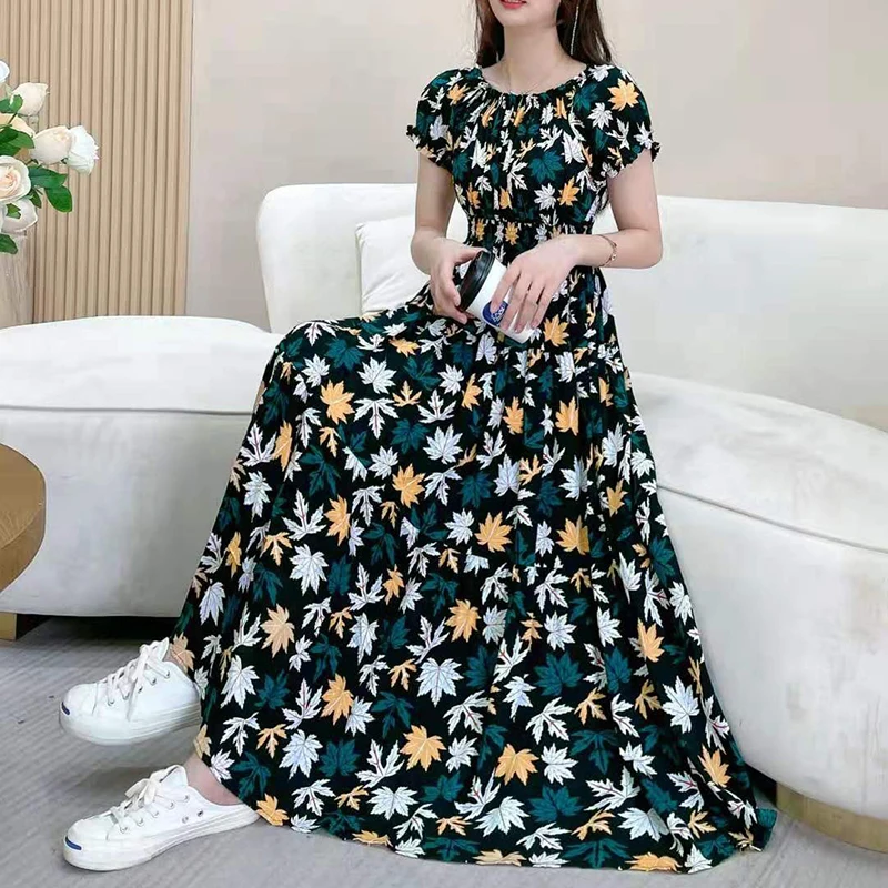 

Cotton Silk Vintage Floral Dress Women Slim Off-The-Shoulder Short Sleeve Holiday Beach Long Dress 2023 New Summer Dress Female