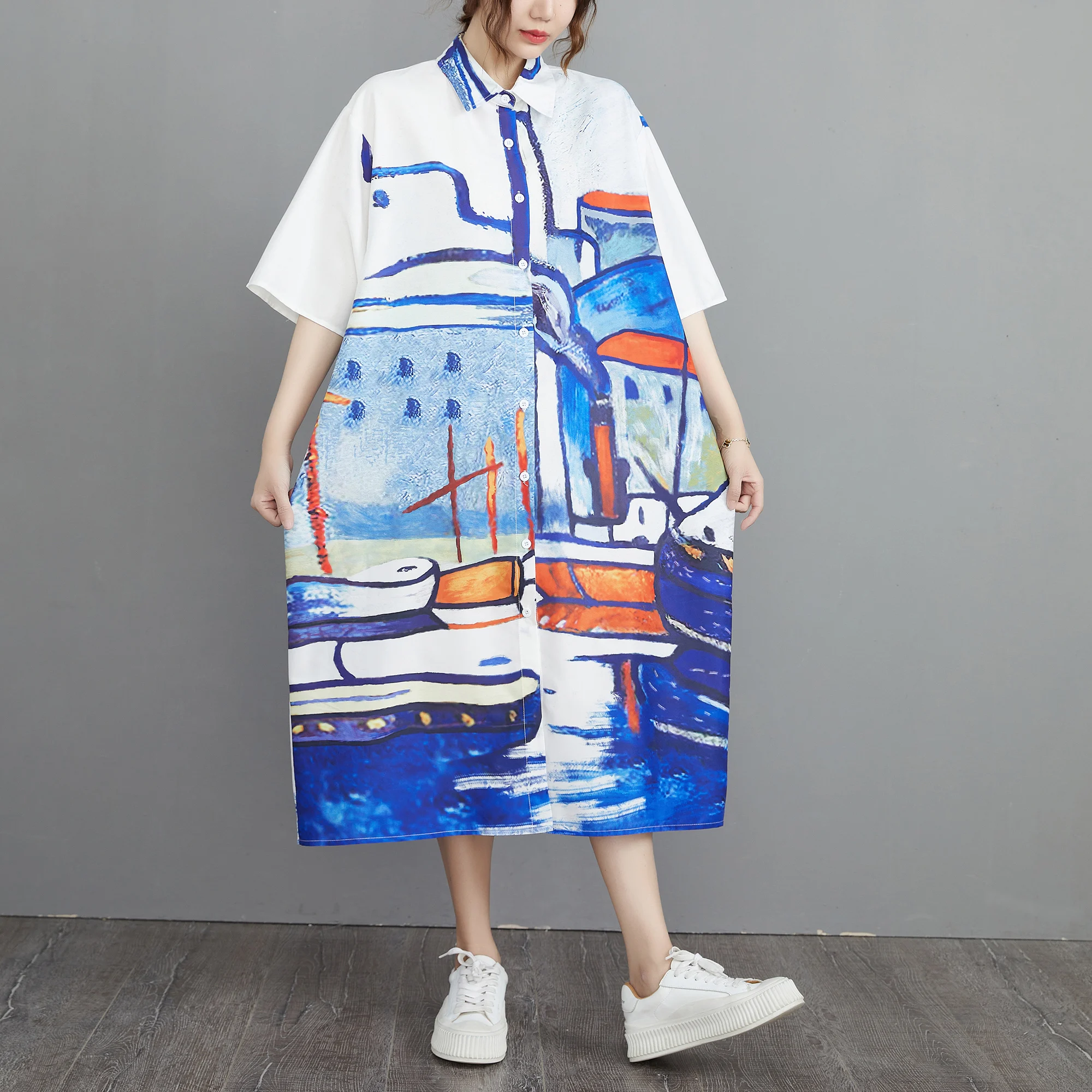 Grande taille rétro imprimé décontracté Midi irt Dr femmes été Faion minceur coréen Sle trajet motif abstrait unique Bu...