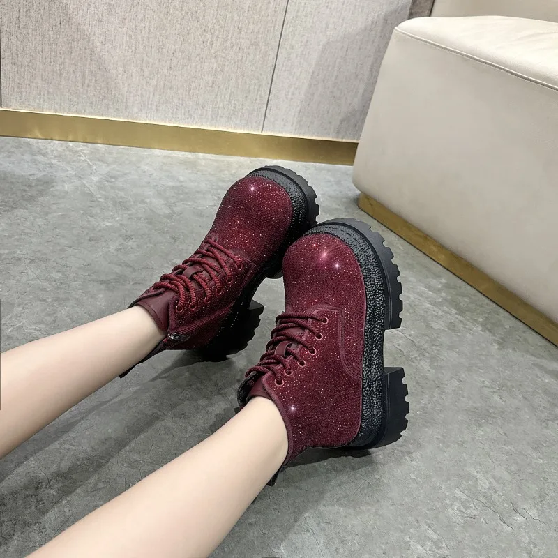 

Women Ankle Chelsea Boots Winter Women Sport Shoes Luxury Brand Bling Lace Up High Heels Platform Non Slip Snow Walking Boots