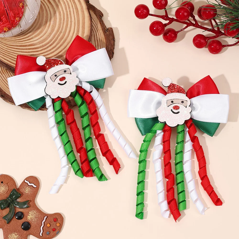 2Pcs Christmas Santa Claus Bow Hair Clips For Girls Cute Reindeer Curly Ribbon Tassels Hairpins Kids  Xmas Party Accessories
