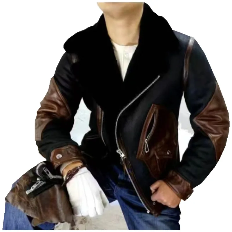 

Thiened Faux Leather Velvet Men's Coat Color Blo Jaet Winter Outerwear Long Sve Zipper Closure with kets Youth Fa...