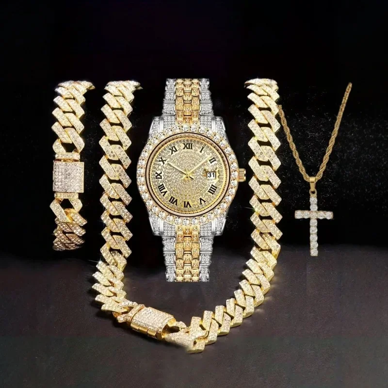 

Hip hop watch+bracelet, strap, necklace set, diamond studded hip hop watch set, WATCH large dial