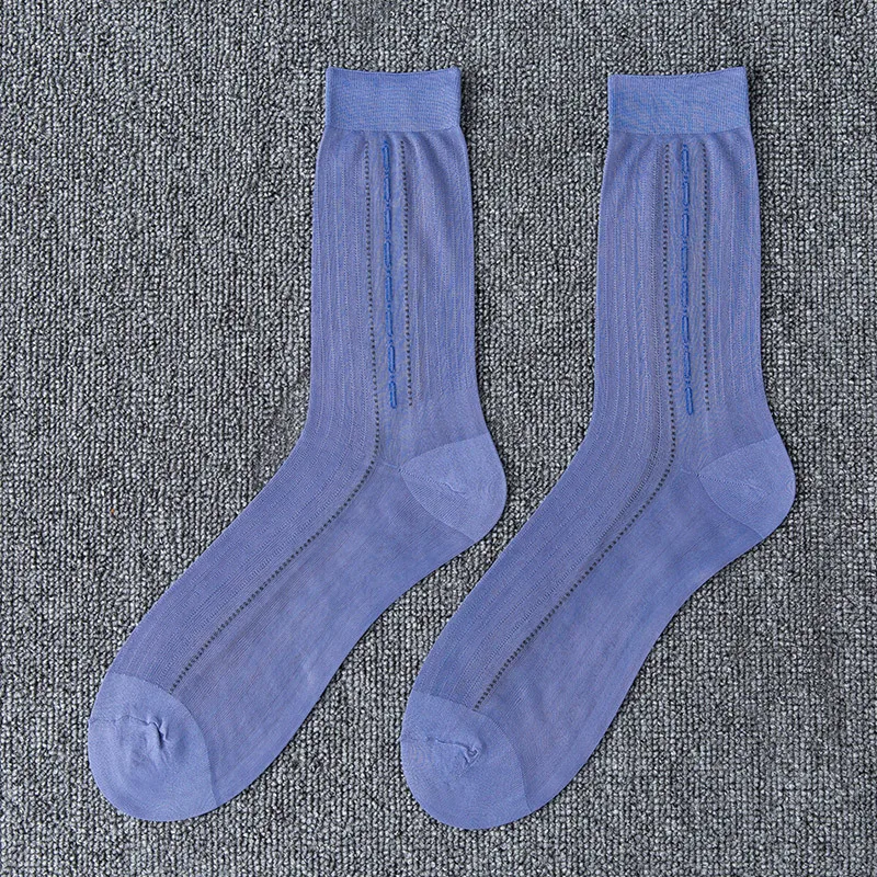 5 pares de calcetines de seda finos de tubo medio para hombre, calcetines elegantes para vestido de negocios, calcetines transpirables de nailon, calcetines de Jacquard a rayas para hombre