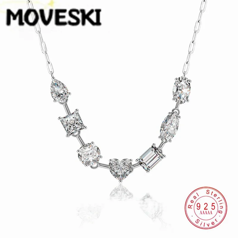 Real 925 Sterling Silver 7CT Moissanite Heart Round Square Pear Cut Gemstone Pendant Necklace Women Luxury Fine Jewelry