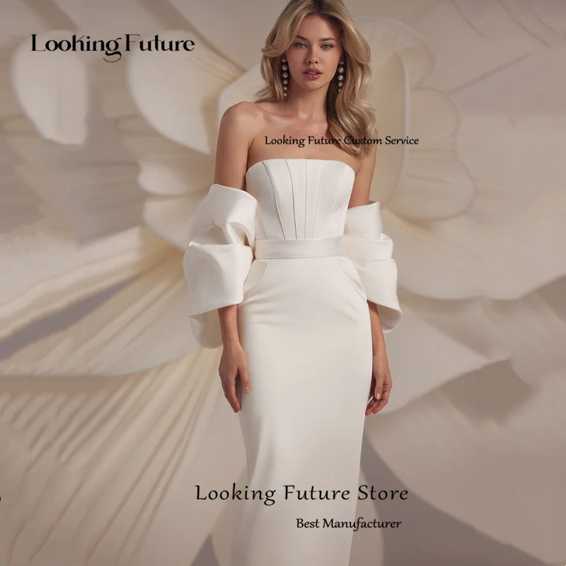 Customized Simple Short Ivory Wedding Dresses Ankle Length Illusion Backless Pleat Bow Off Shoulder Straplss Robe De Mariee 2025