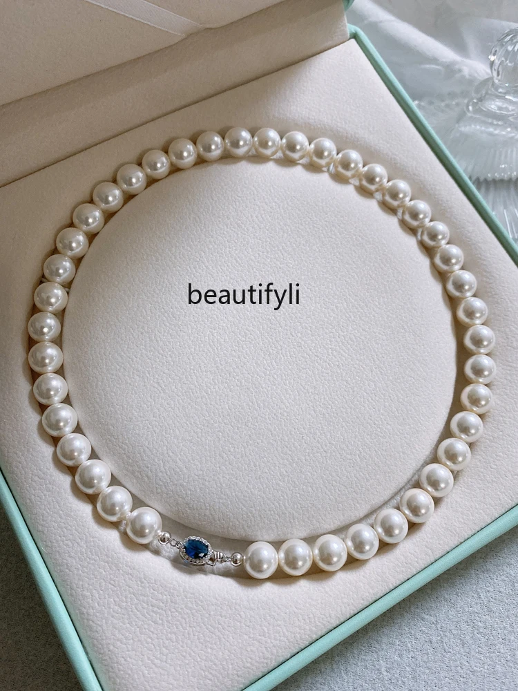 

925 Silver Sapphire Australian White Pearl Necklace Female Elegant Socialite Light Luxury Strong Light Clavicle Chain