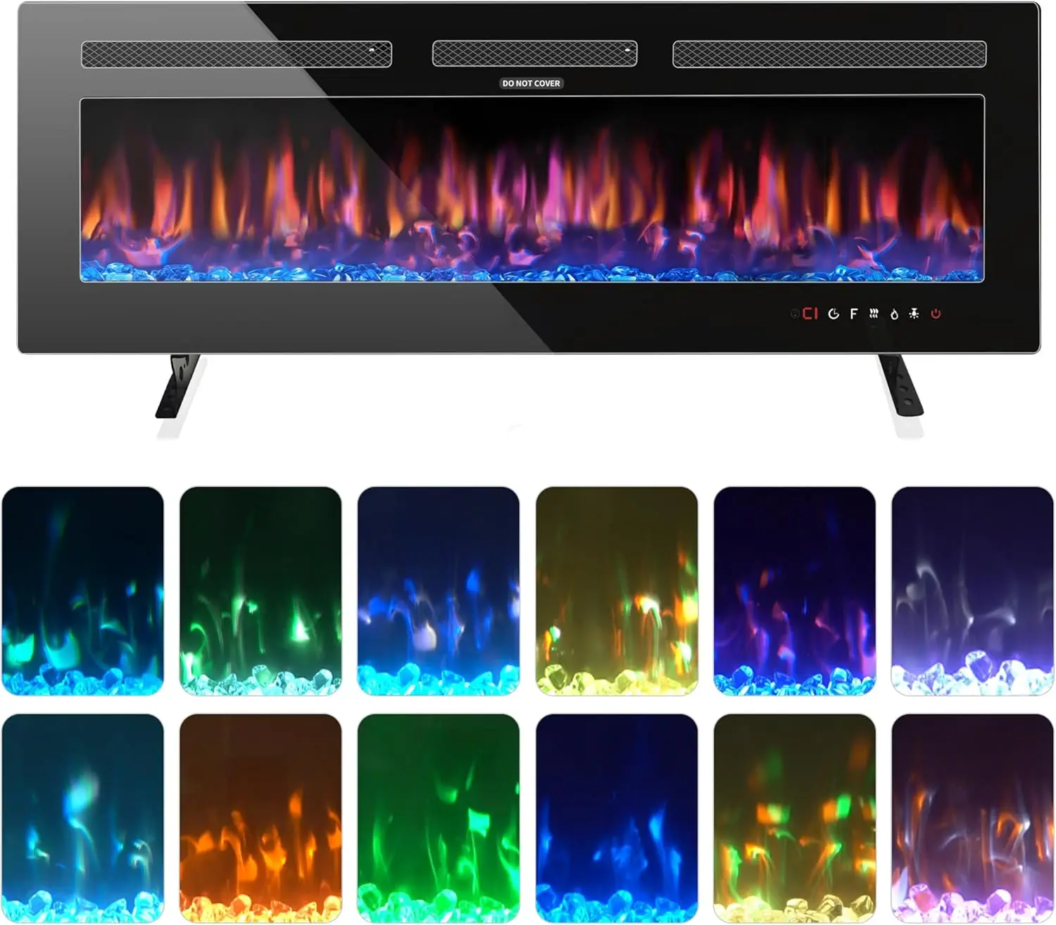

Wall Mounted Electric Fireplace Heater, 750/1500W, Adjustable Flame Color, Touch Screen, Timer, Low Noise