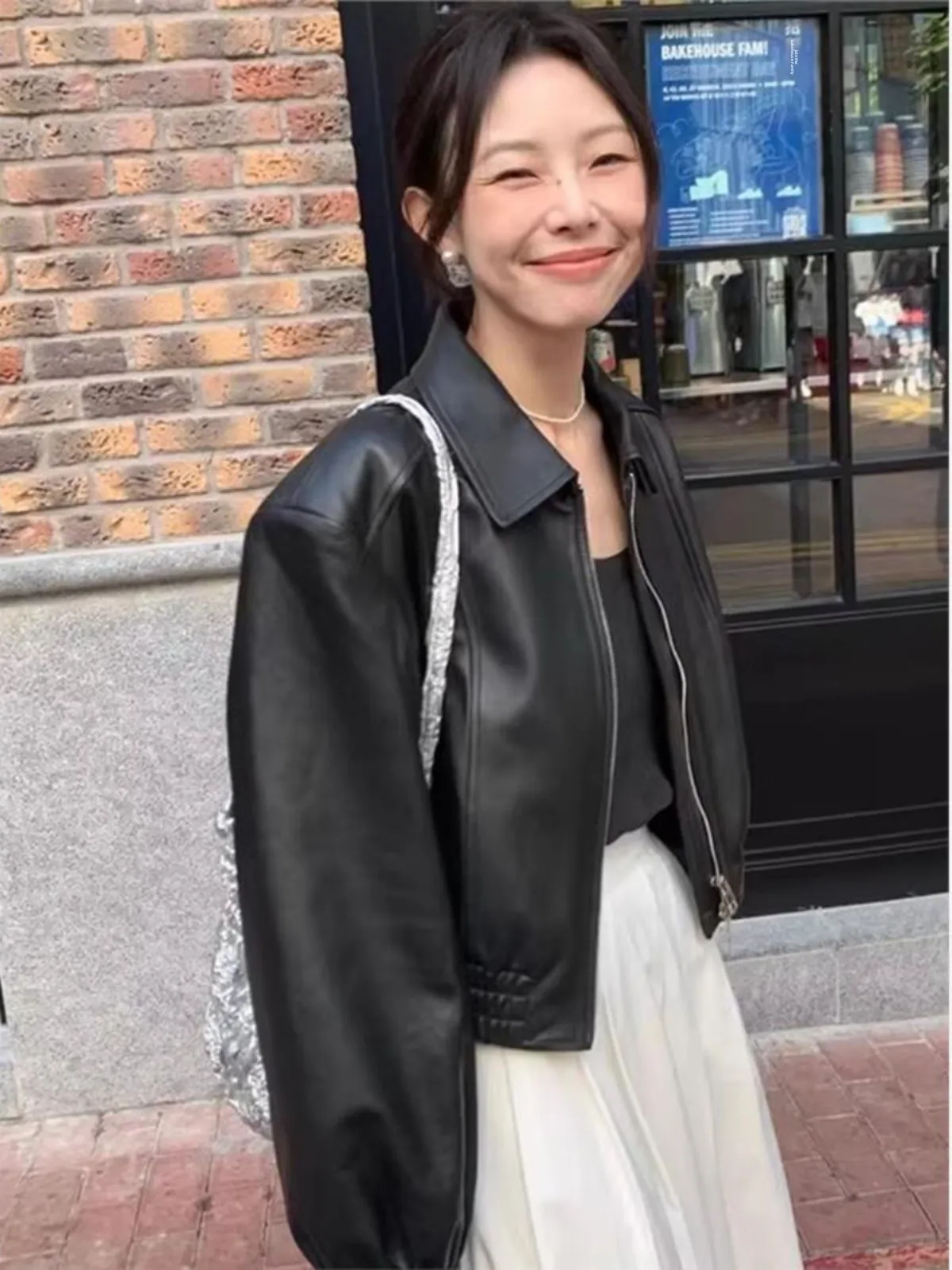 블랙 숏 가죽 재킷 2024 가을 신상 캐주얼 아메리칸 레트로 스몰 사이즈 여성 프리미엄 고급스러운 패셔너블 코트