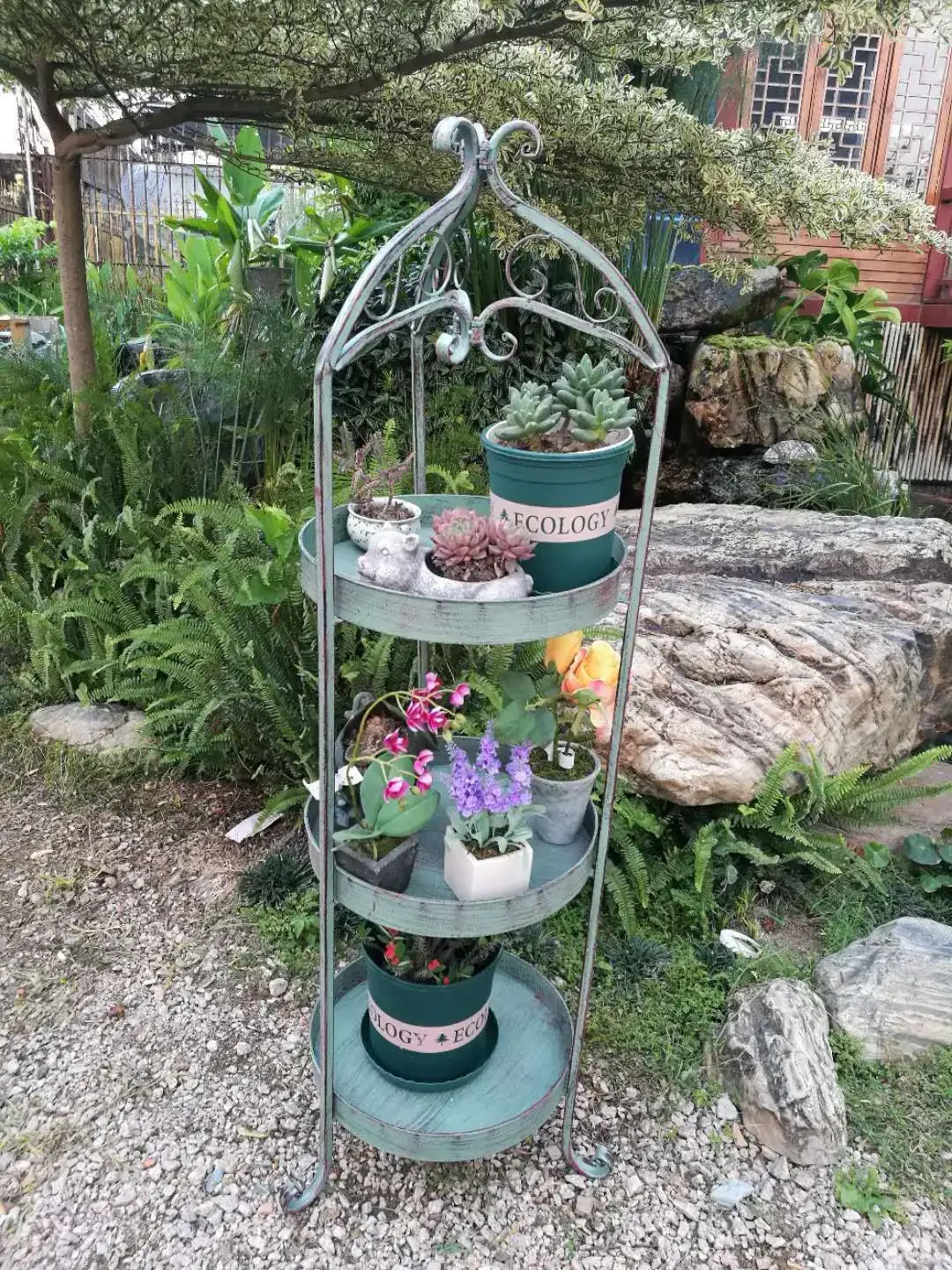 Arte de ferro de piso para varanda e pátio, Retro Green Flower Rack, cremalheira de armazenamento, 3 andares, sala de estar