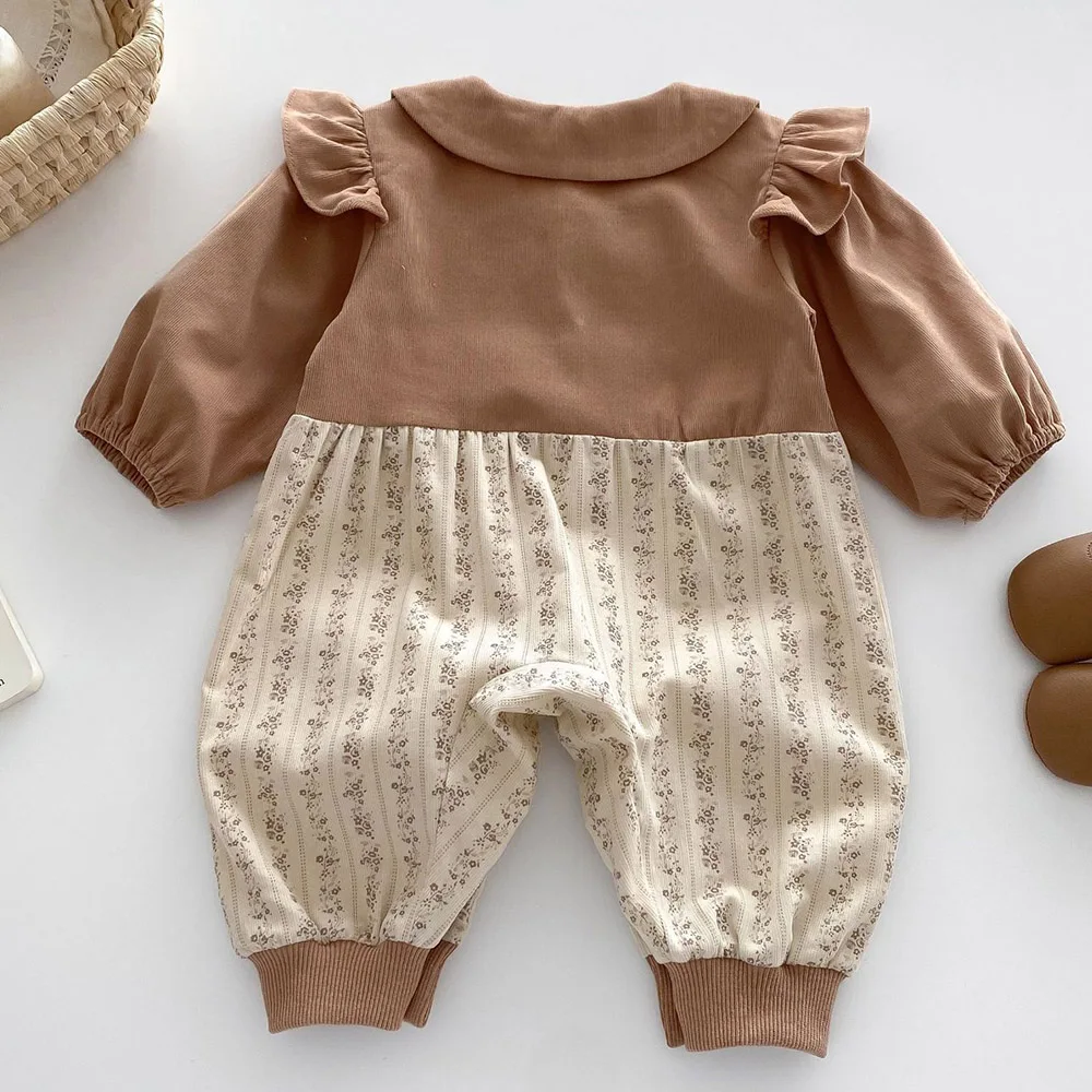 Baju monyet lengan panjang bayi perempuan, Jumpsuit katun kerah Peter Pan motif bunga, pakaian putri ulang tahun pertama