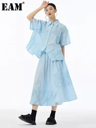 [EAM] Big Size Pleated Shirt Half-body Skirt Two Pieces Suit New Lapel Short Sleeve Women Fashion Spring Summer 2024 1DH6616