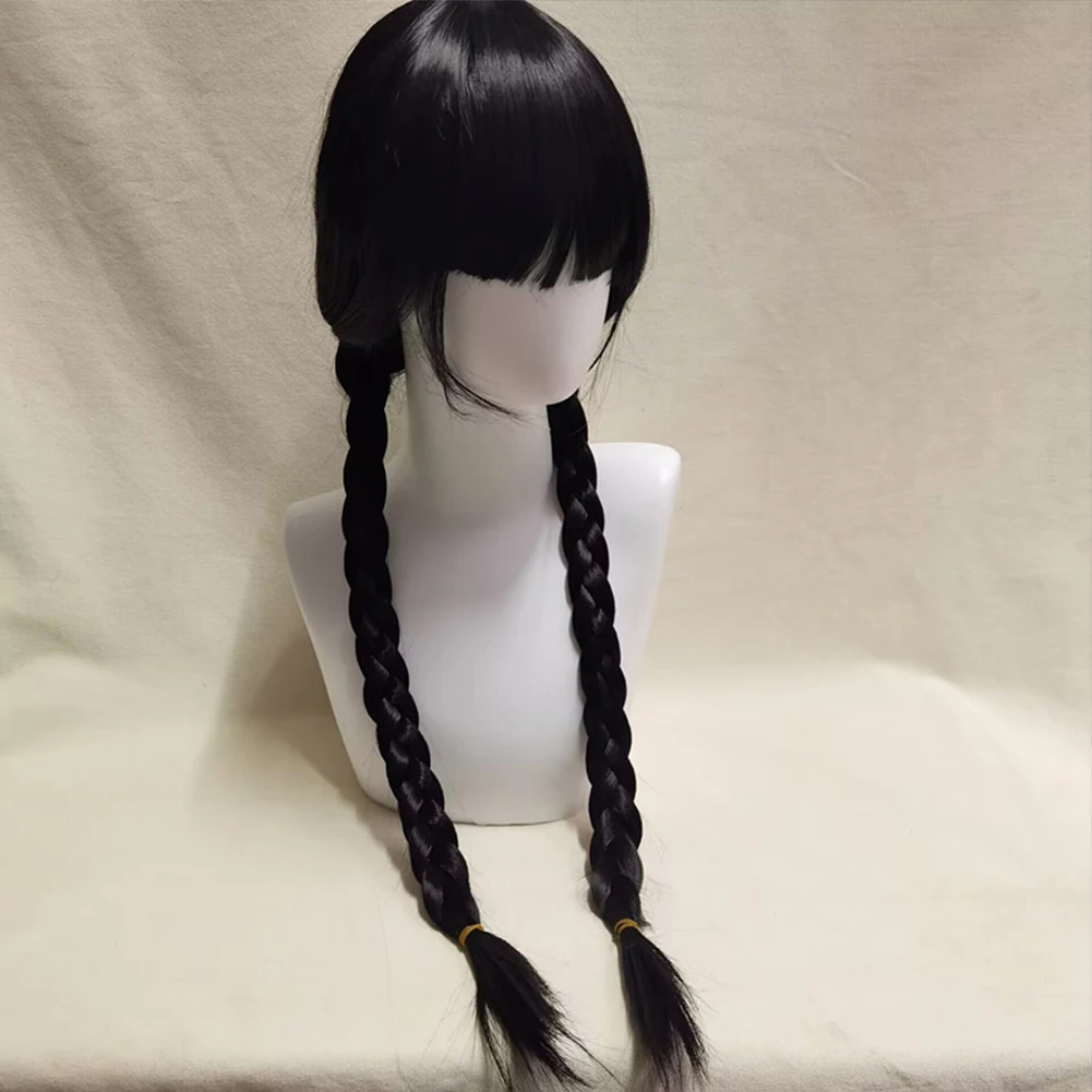 Wednesday Addams Cosplay Wig Heat Resistant Long Black Braids Silky Straight Synthetic Wigs with Bangs for Halloween Party