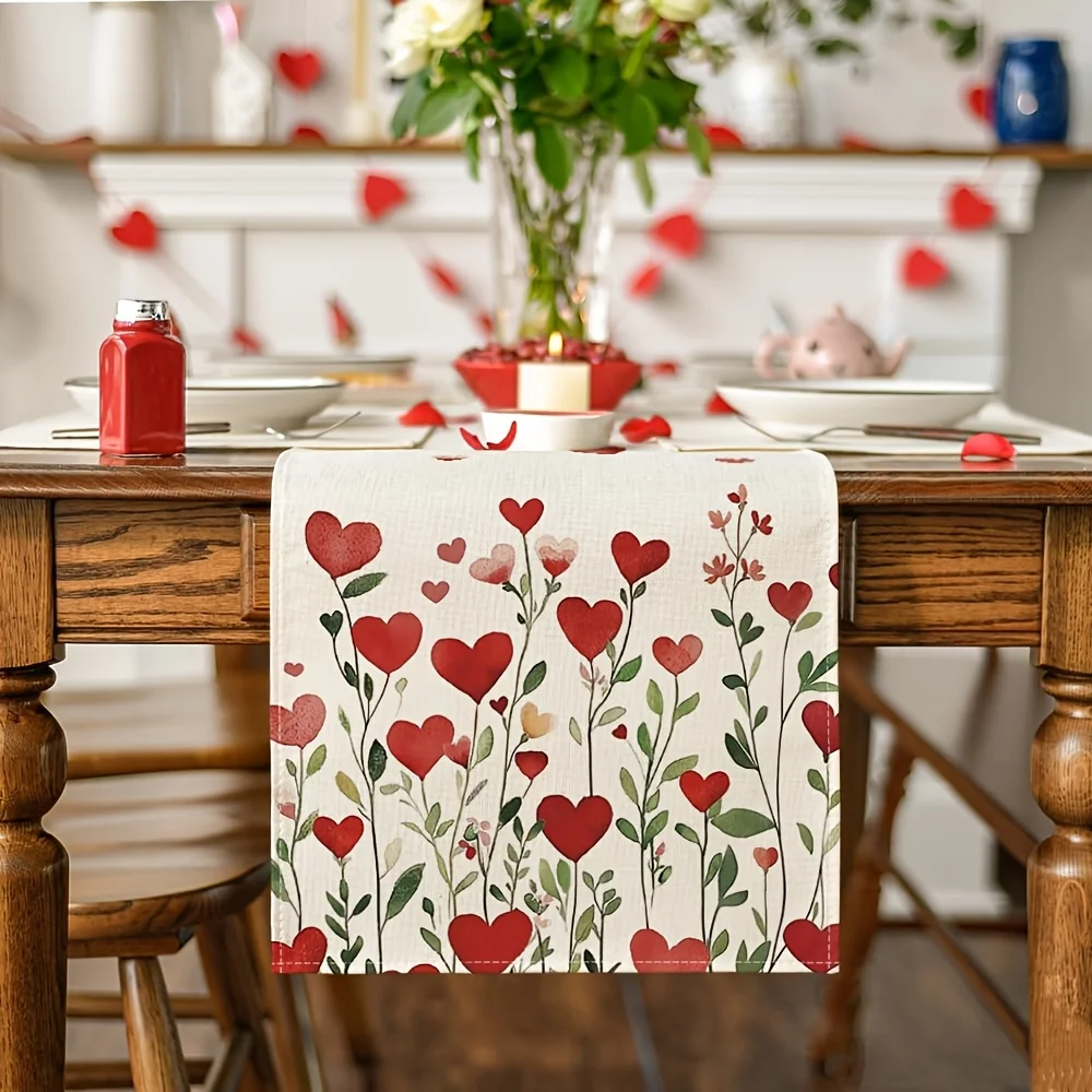 1 Piece of Romantic Heart Flower Branch Theme Table Runner, Watercolor Painted Heart Flower Pattern on White Background, Suitable for Valentine's Day Dinner, Wedding Decoration, Date Restaurant, Boudoir Soft Decoration, Confession Party, Dessert Shop Decoration, Floral Studio, Warm Tea Room