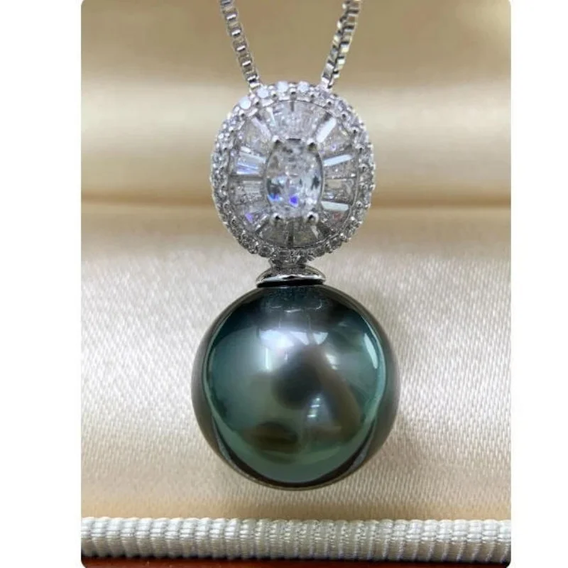 Gorgeous AAA 11-12mm Tahiti Black Green round Pearl Pendant Necklace 18 Inch 925 Sterling Silver