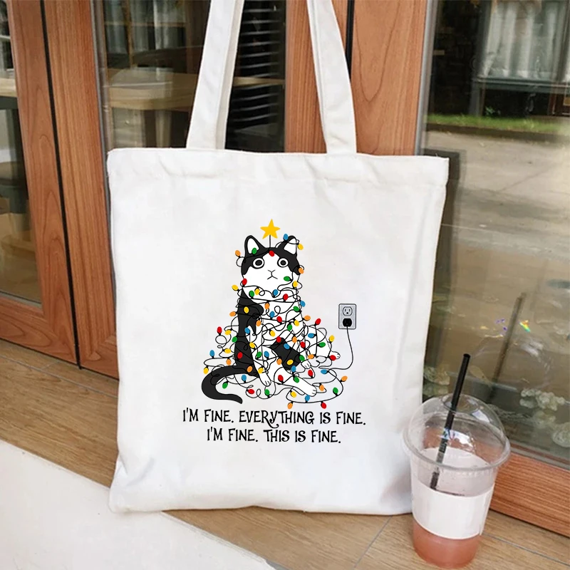 مضحك عيد الميلاد القط الرسم المرأة قماش حقيبة كتف حقيبة عيد الميلاد لطيف القط عاشق مضحك حقيبة تسوق الطلاب حقائب اليد القابلة لإعادة الاستخدام