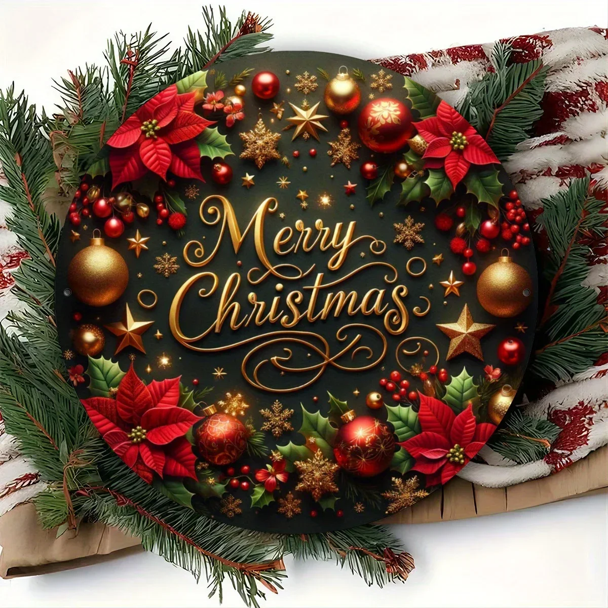 8 Inch Round Metal Sign Cozy Christmas Wreath Ideal Festive Decor for Holiday Celebrations at Home